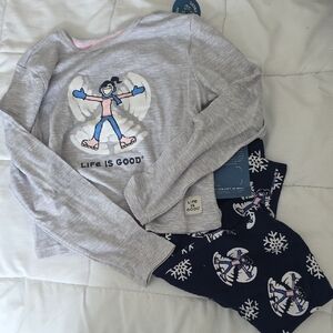 Life Is Good Gray and Navy Pajama Set with Snow Angel